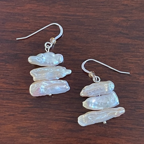 Genuine Kashi pearl solid sterling silver hoop earrings - Picture 3 of 6